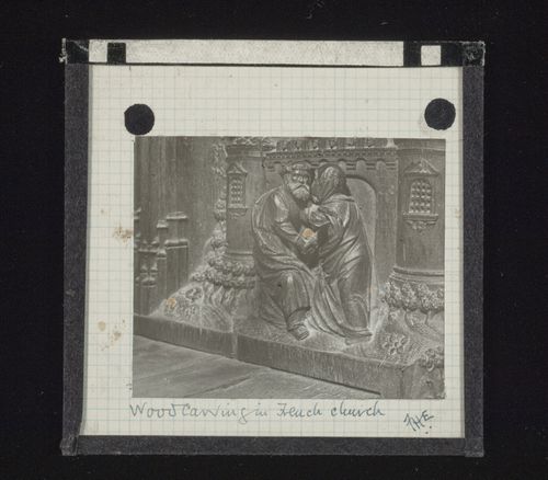 View of a wood carving in a French church, France