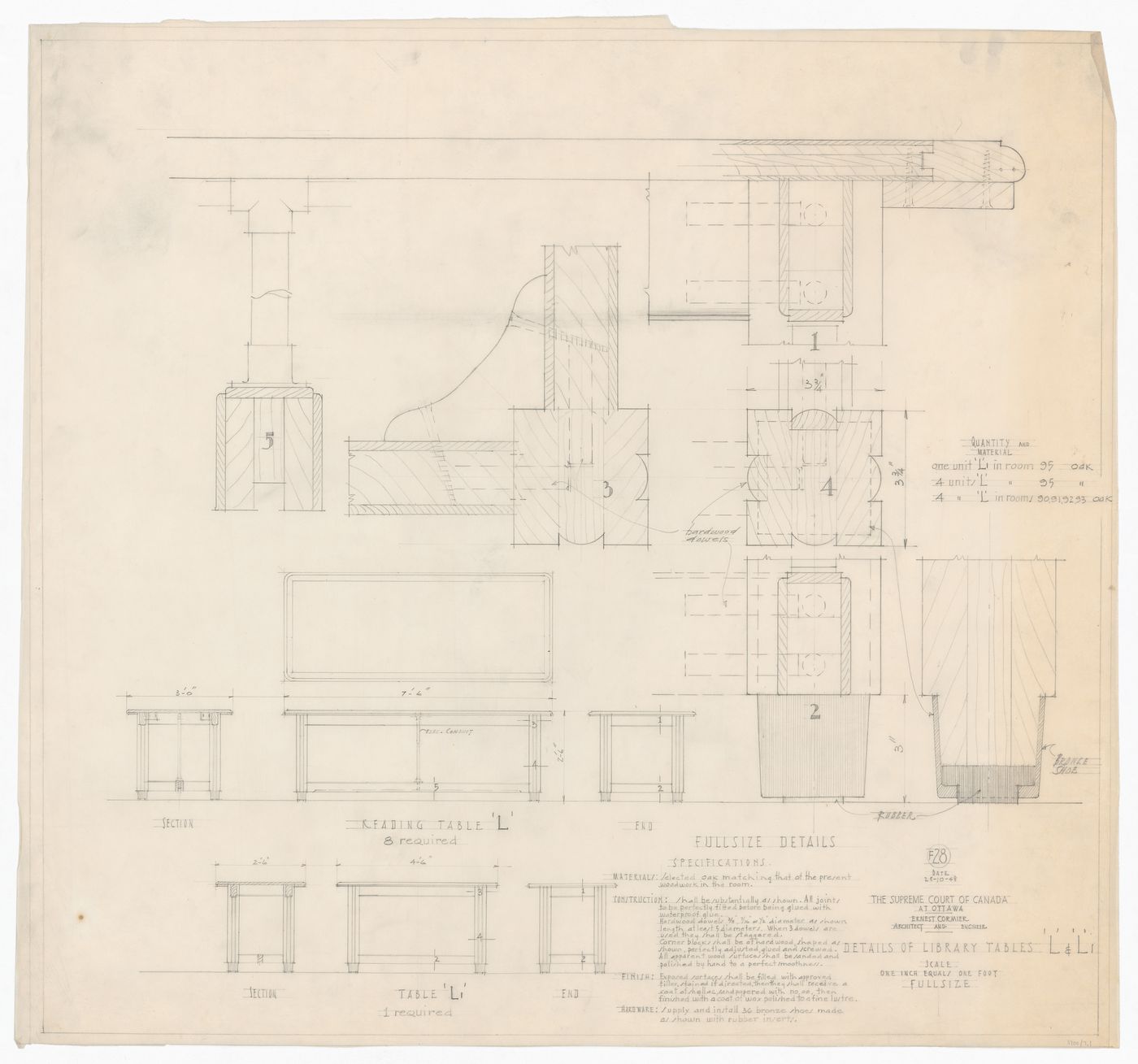 Plan, élévations, coupes et détails des tables de bibliothèque "L" et "L1" pour Cour suprême du Canada, Ottawa, Ontario