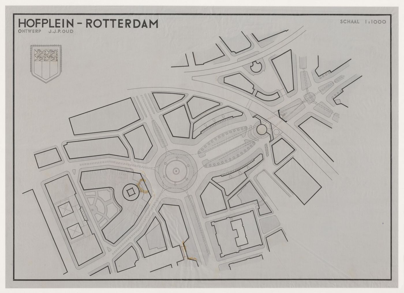 Site plan for a model for a city hall, monument plaza, mixed-use developments and Café Viaduct for the reconstruction of the Hofplein (city centre), Rotterdam, Netherlands