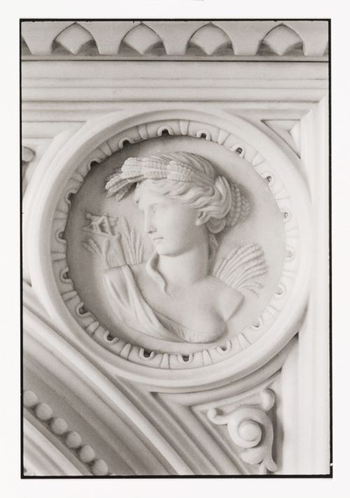 Close-up view of the fireplace mantel bas-relief in a front room in the west part of Shaughnessy House, Montréal, Québec, Canada