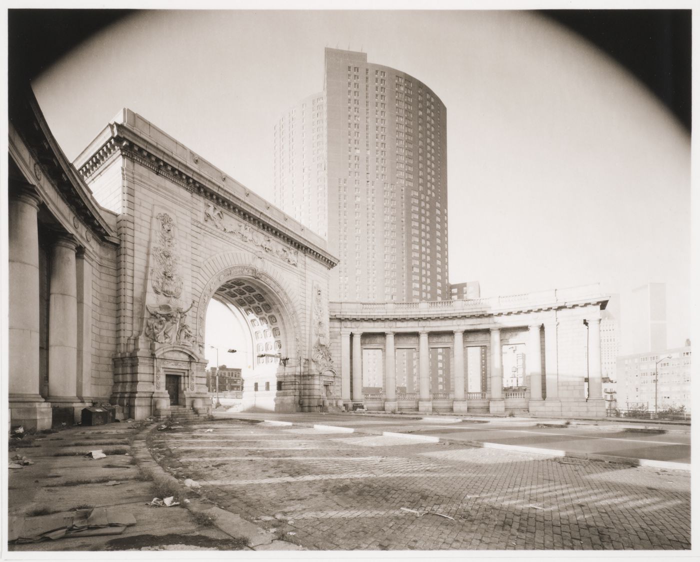 Manhattan Bridge approach, Archway with columns, Confucius Plaza apartments behind, New York City, New York