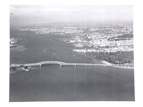 Aerial view of the Auckland Harbour Bridge, over the Waitematā Harbour, Auckland, New Zealand