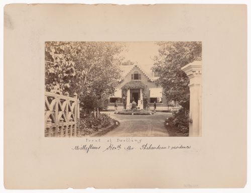 View of the gate and principal façade of Mille-Fleurs, the residence of the Honorable Mr. Thibaudeau, Montréal[?], Québec, Canada