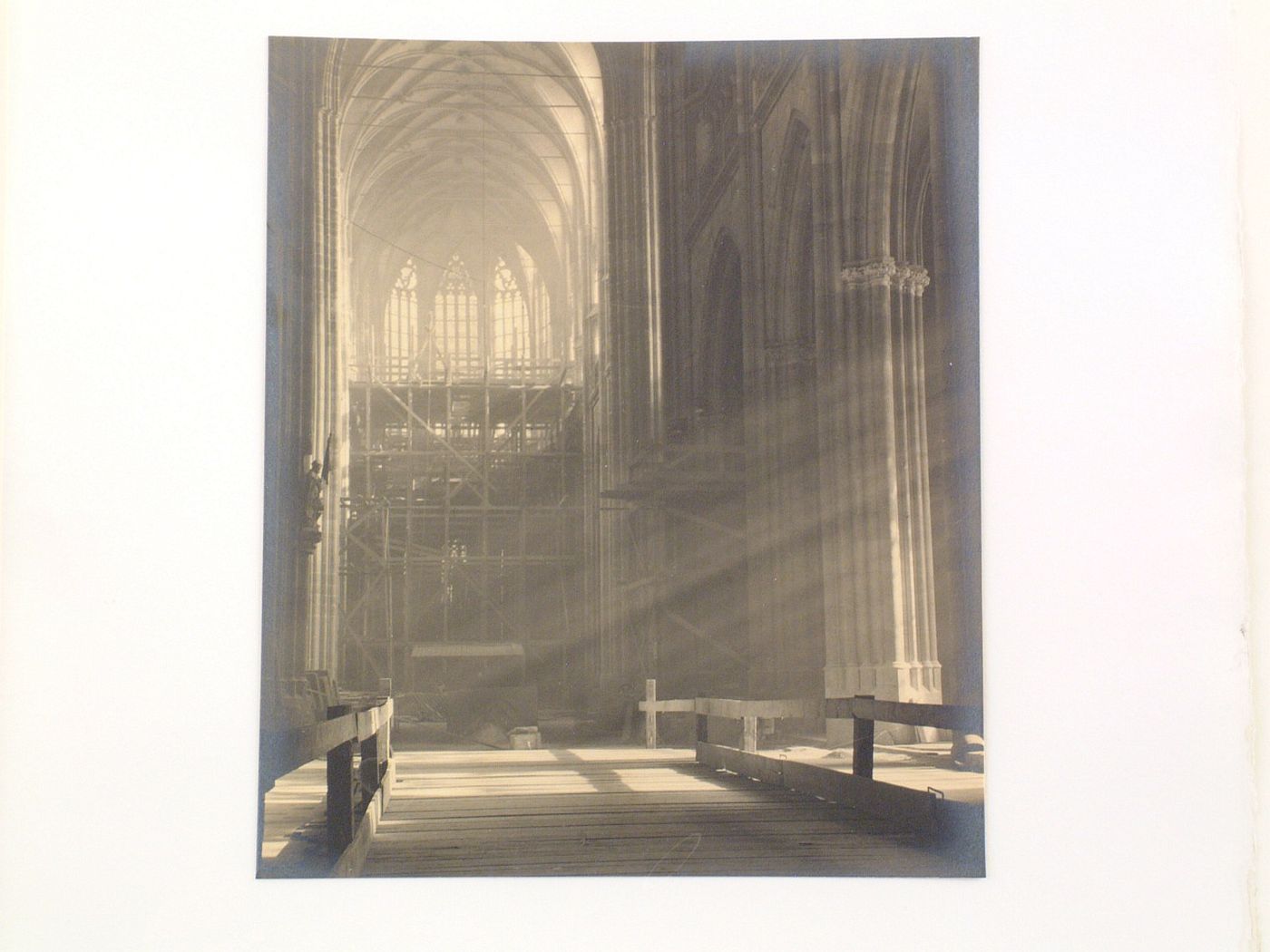 Plate from portfolio ''Svaty Vit (St. Vitus or St. Guy), various interior and exterior views of the cathedral under construction, Prague, Czech Republic''