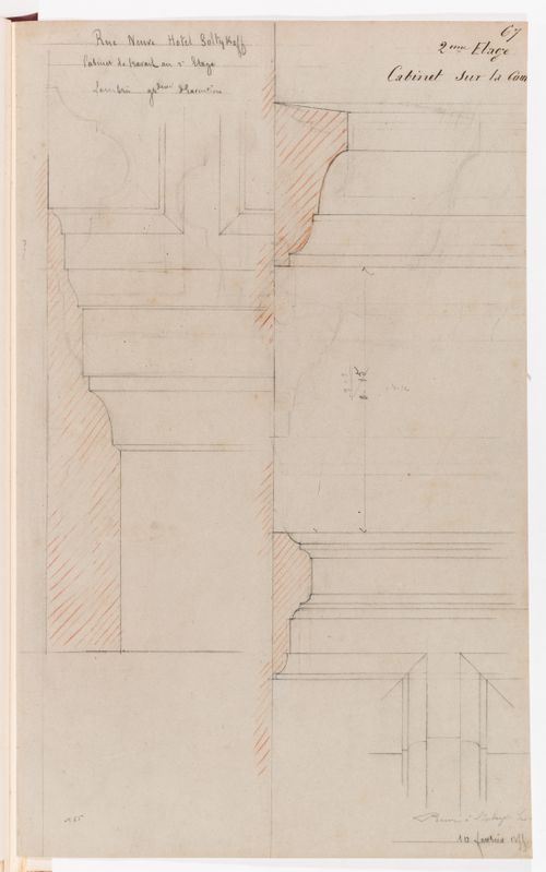 Full-scale profiles and details for the panelling for the "cabinet de travail" or the "cabinet sur la cour" on the second floor, Hôtel Soltykoff
