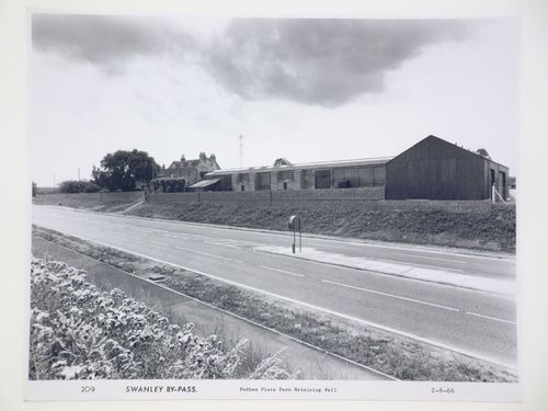 View of the Pedham Place farm retaining wall, during construction of the Swanley Bypass, England