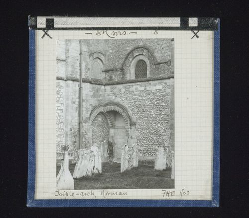 View of blind, pointed arch intersected at apex by segmental arch, St. Cross Church, Winchester, Hampshire, England