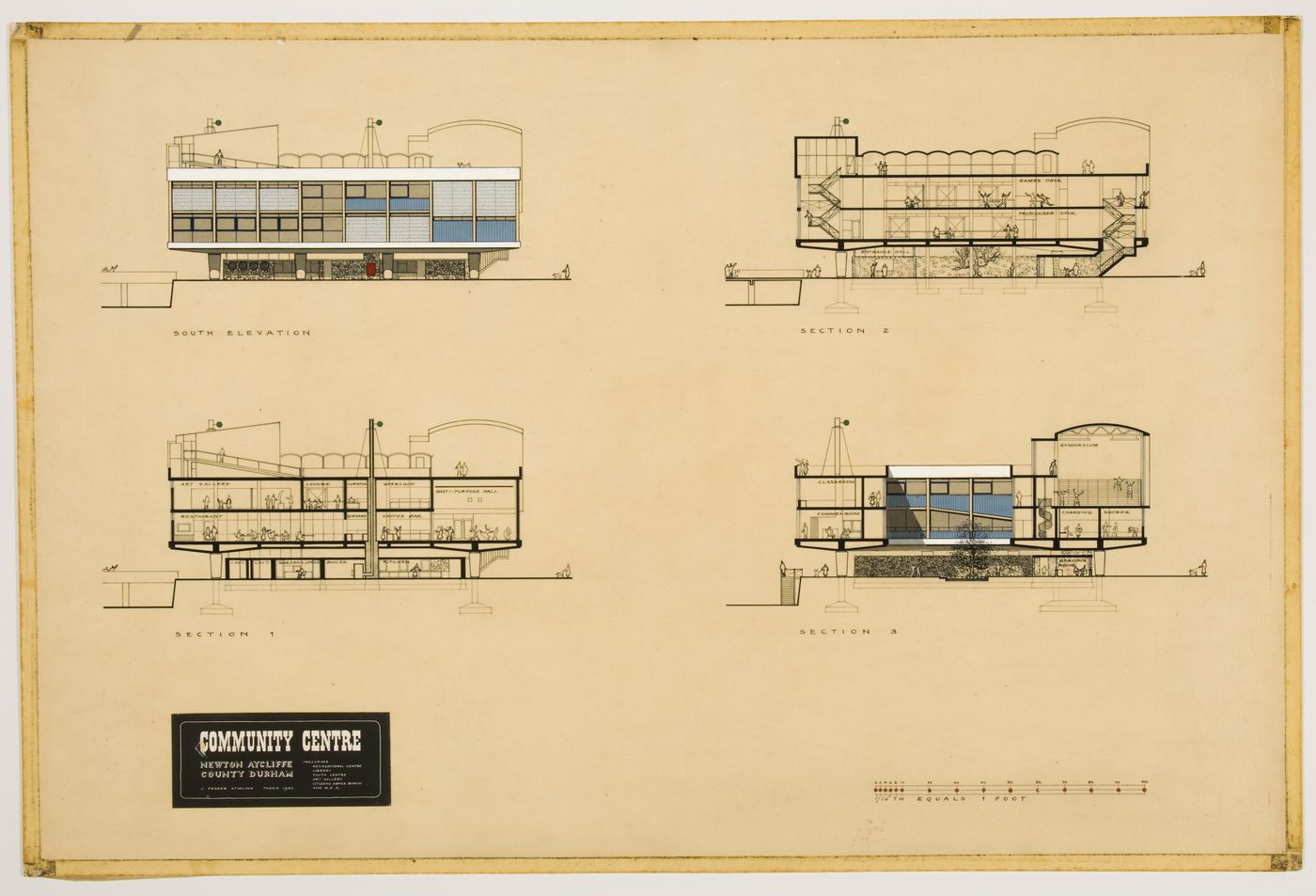 Town centre and community centre, Newton Aycliffe, England (thesis, Liverpool School of Architecture): elevation and sections