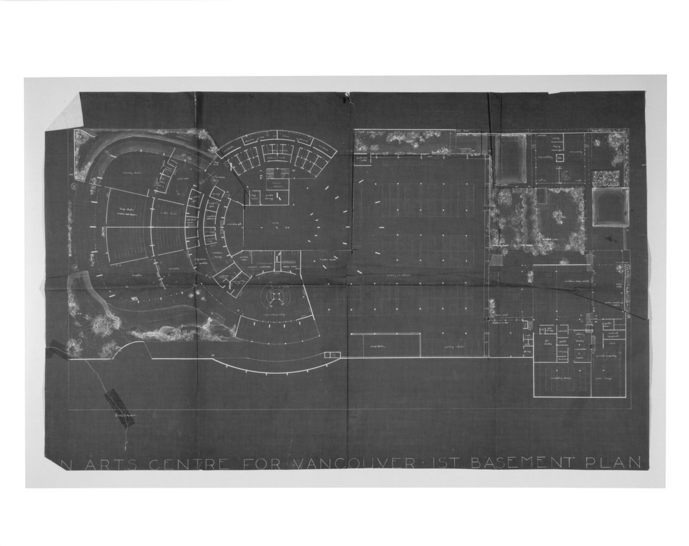 Basement plan and main for plan for An Arts Cente for Vancouver (thesis project)