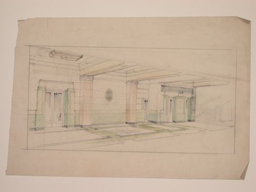 Perspective view showing the interior of a hall