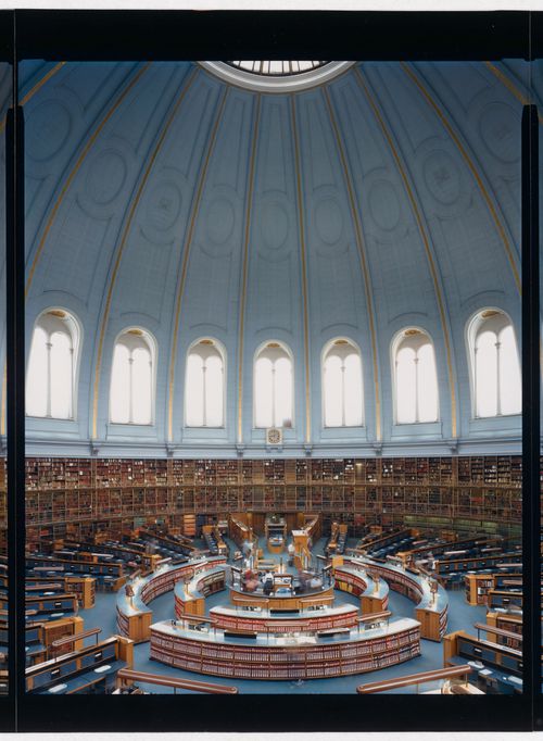 Partial interior view of the Reading Room showing the domed roof, galleries and desks, the British Library, London, England
