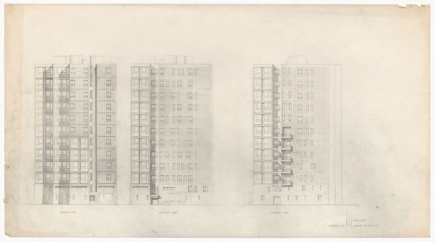 East, west and south elevations for Casa a torre, Italy