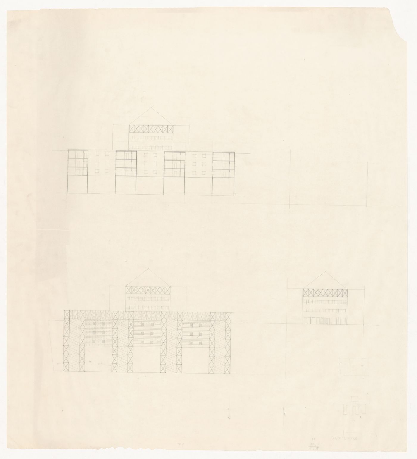 Elevations with sketches for Casa dello studente, Trieste, Italy