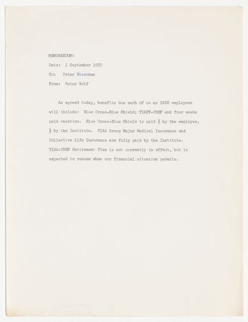 Memoradum fron Peter Wolf to Peter D. Eisenman about IAUS employees benefits