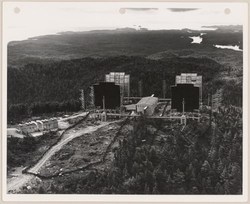 Aerial view of BC Tel troposcatter telecommunication system, Trutch Island, British Columbia, Canada