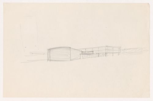 Perspective sketch for an auditorium and connected structures, and a small sketch plan for Illinois Institute of Technology