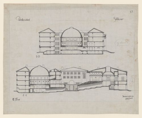Section D-D and longitudinal section E-E for the Börskvarteret [Stock Exchange Block], Gustav Adolfs torg, Göteborg, Sweden