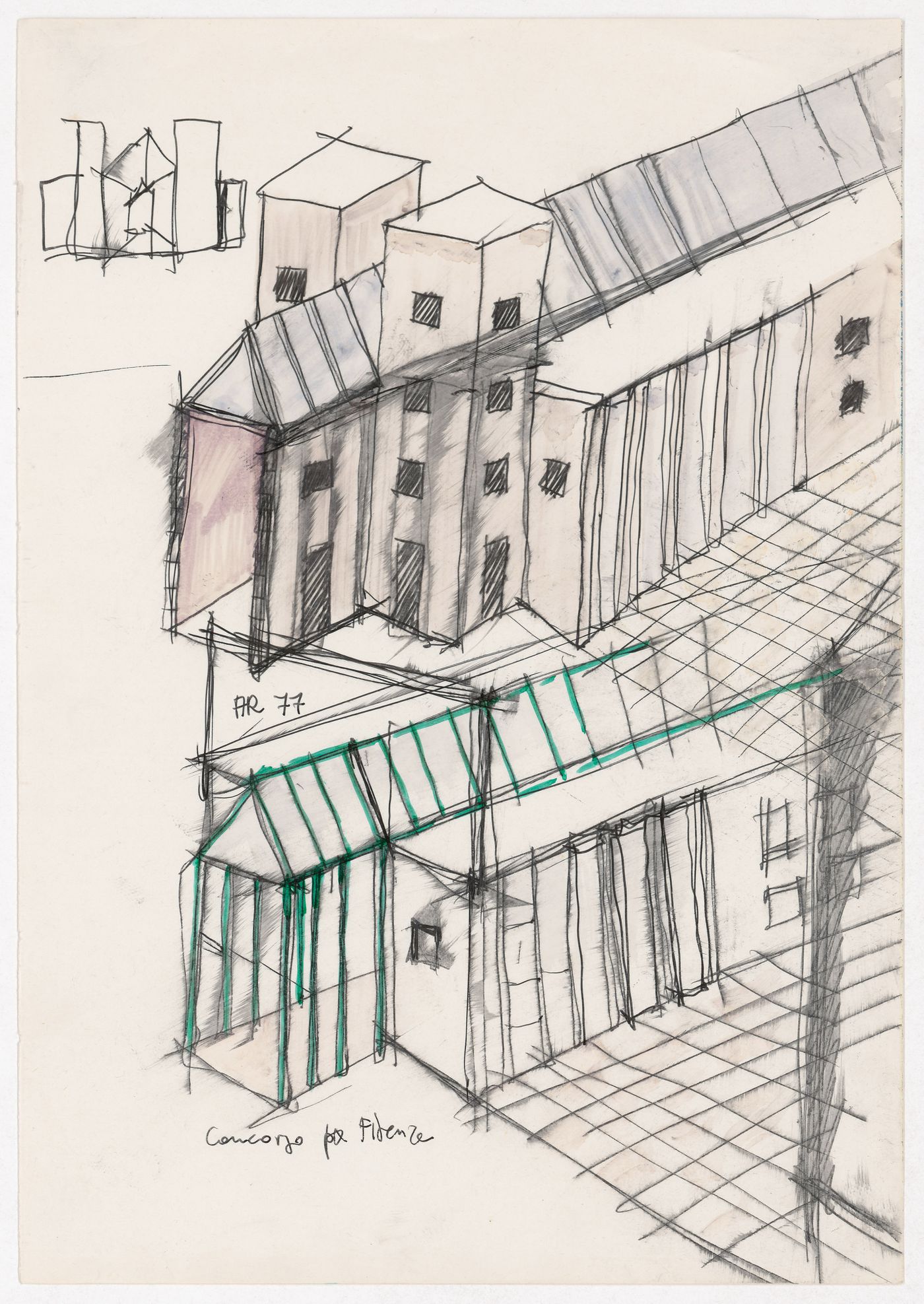Perspective sketches and sketch elevation for Centro Direzionale, Florence