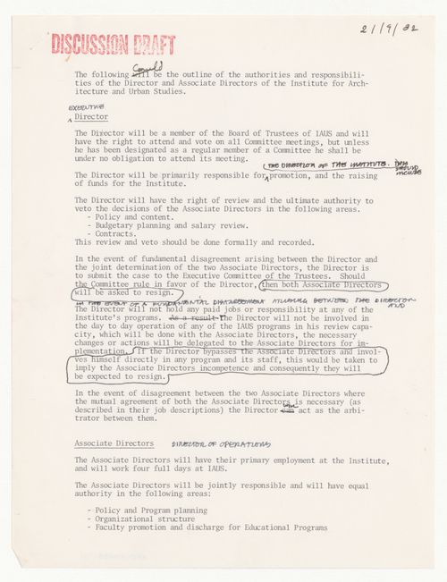 Discussion draft on job description for Director and Associate Directors with annotations and corrections by Peter D. Eisenman