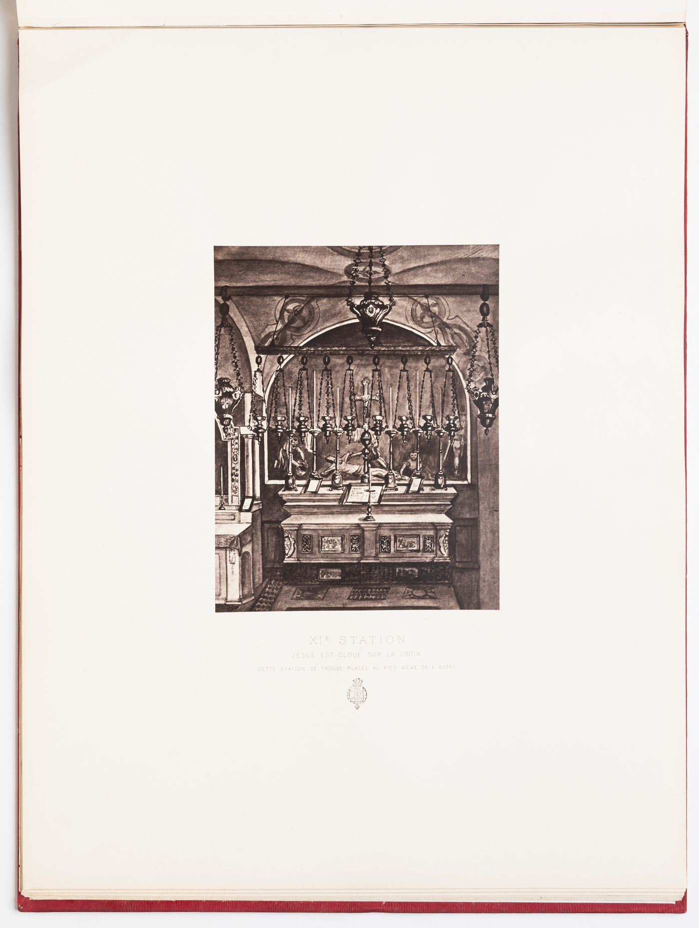 Photograph of a rendering of the Eleventh Station of the Cross showing the altar which represents the place where Jesus was nailed to the cross, Jerusalem, Ottoman Empire (now in Israel)