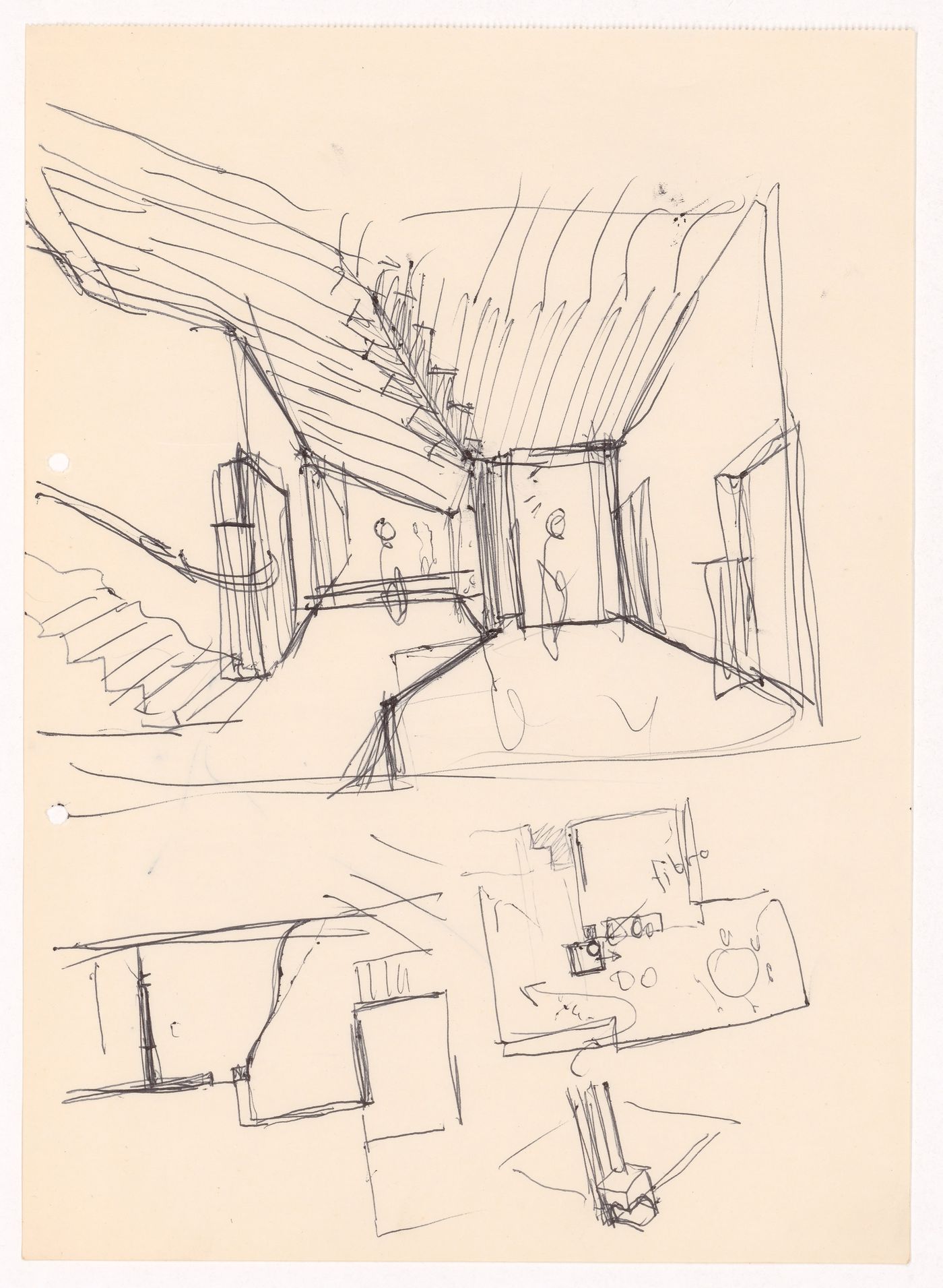 Sketch perspective, plan and details for Habitação Dr. Júlio Gesta, Matosinhos, Portugal