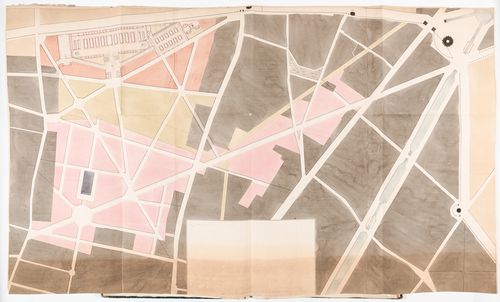 Project for a horse auction house and infirmary, Clos St. Charles, nouveau quartier Poissonnière: Site plan showing the ground floor