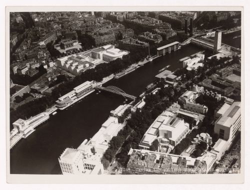 Aerial view of the Seine, bridges and buildings, including Les Musées d'Art Moderne, the Pavillons de l'Hygiène, du Yachting à voile, de la Sécurité, du Tourisme and du Bois français, from the Tour Eiffel, 1937 Exposition internationale, Paris, France