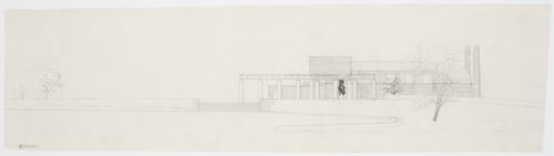 South elevation for Monument Hall and the Chapel of the Holy Cross showing Resurrection Monument, Woodland Crematorium, Woodland Cemetery, Stockholm, Sweden