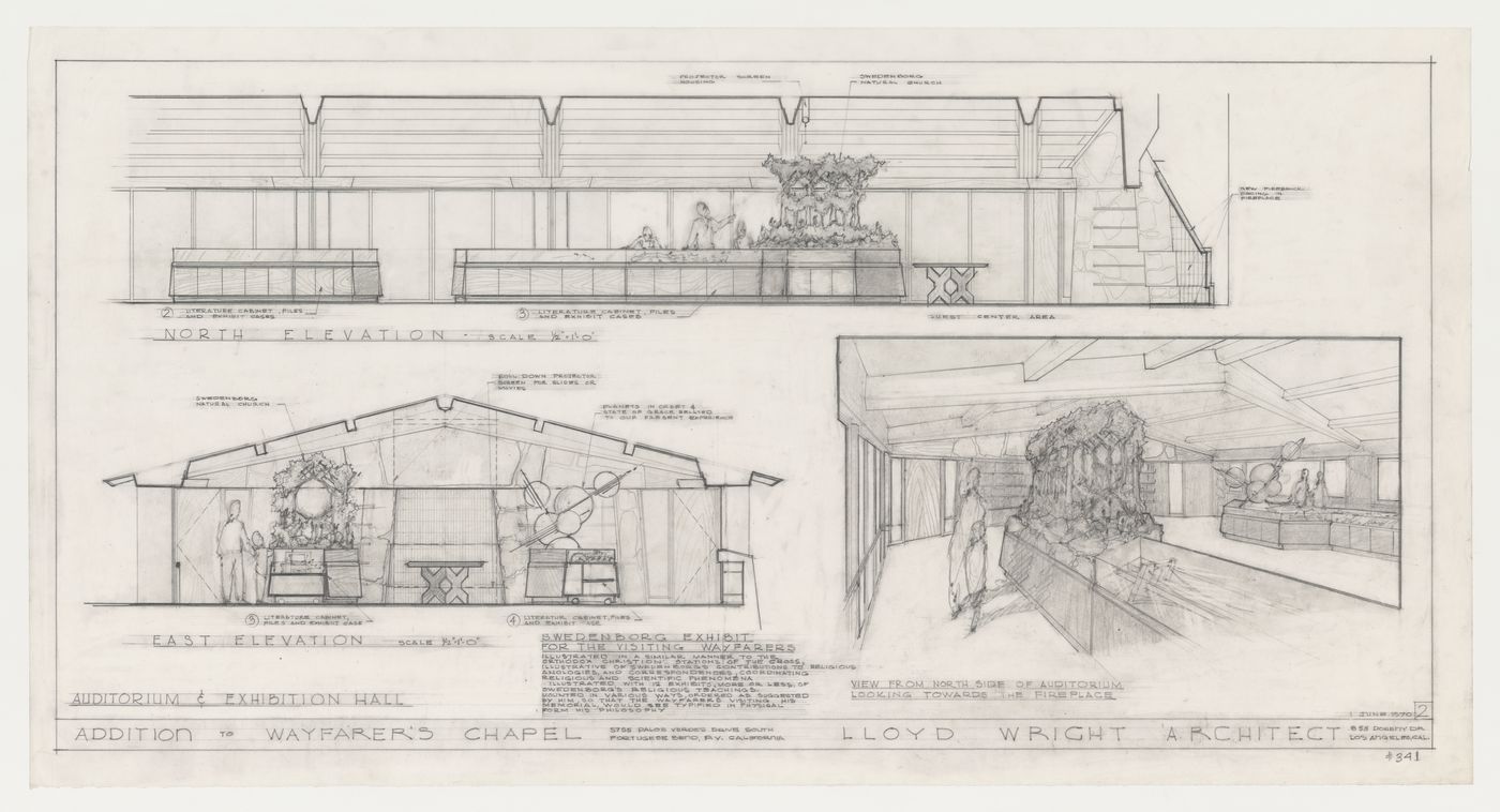 Wayfarers' Chapel, Palos Verdes, California: Perspective and north and east elevations for the auditorium exhibit, showing Swedenborgian educational models