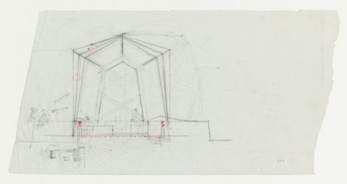 Wayfarers' Chapel, Palos Verdes, California: Section through the chapel and sketch sections showing planting for chapel interior