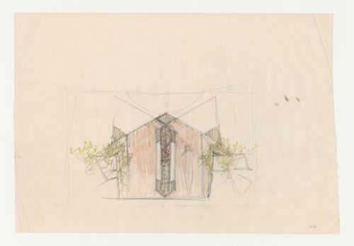 Wayfarers' Chapel, Palos Verdes, California: Sketch elevation for the entrance doors and doorframe, including berm wall planters