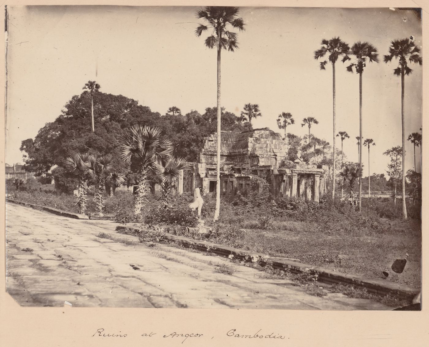 View of the north causeway library showing the causeway in the foreground, Angkor Wat, Siam (now in Cambodia)