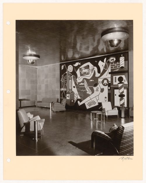 Vue du fumoir des hommes montrant la murale "Men Without Women" de Stuart Davis, Radio City Music Hall, New York