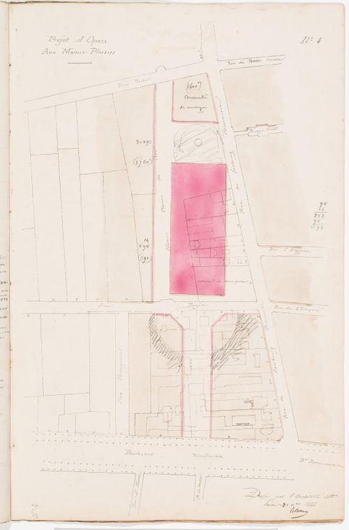 Project no. 4: Site plan for an opera house for the Académie royale de musique, Menus-Plaisirs; verso: Project no. 5: Site analysis and cost estimate for an opera house for the Académie royale de musique on the Bains Chinois site