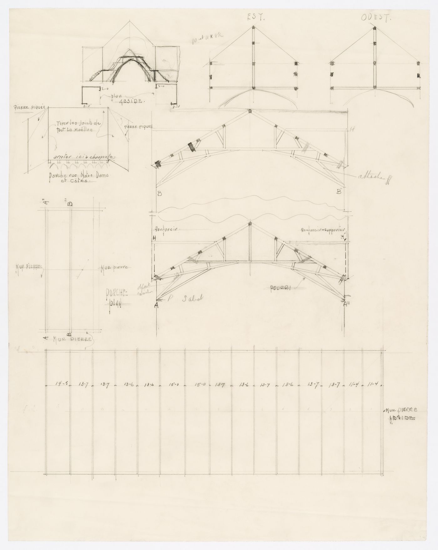 Plans and elevations for the roof structure and replacement trusses for Notre-Dame de Montréal, apparently for the renovations of 1929-1949