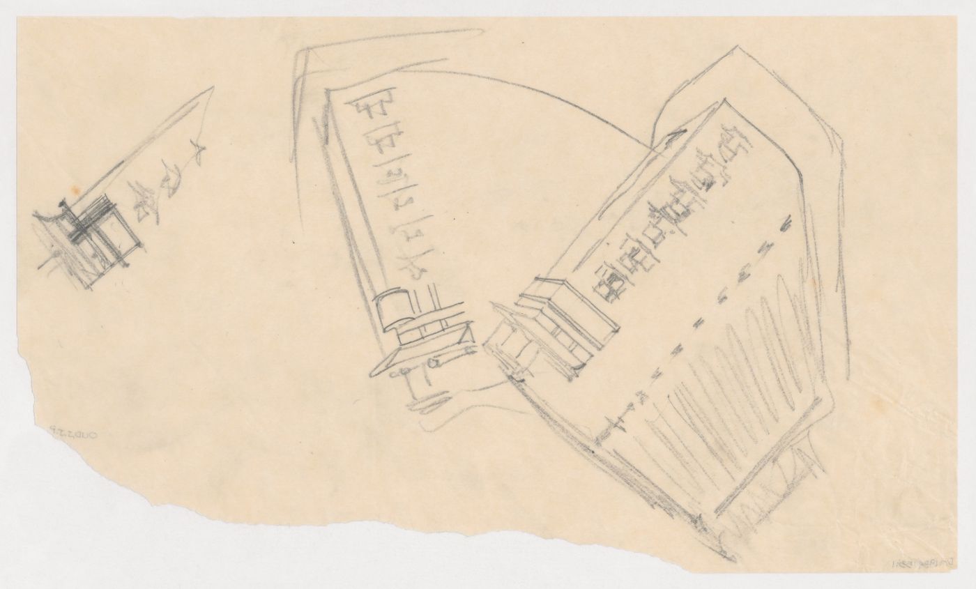 Partial sketch perspectives and sketch elevation for the principal façade for Hotel Stiassni, Brno, Czechoslovakia (now Czech Republic)