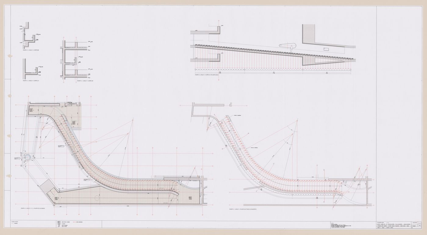 Plan for ramp 3 with section and details for C. Cultural e Audit. para a Fundação Iberê  Camargo [Iberê  Camargo Foundation Museum], Porto Alegre, Brazil