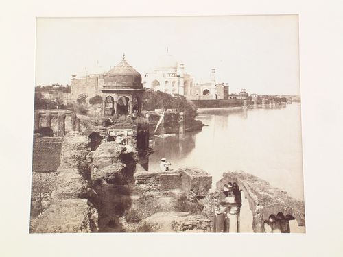 View of the Taj Mahal with ruins in the foreground and the Jami Masjid in the background, Agra, India