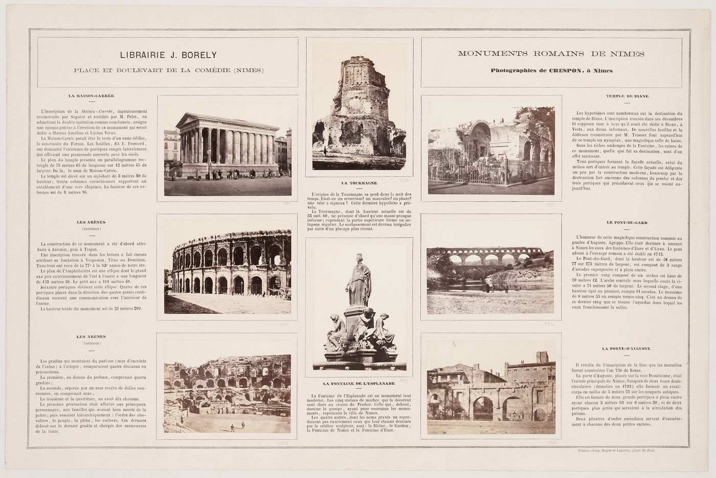 Carton publicitaire de monuments romains, Librairie J. Borely, place et boulevard de la Comédie, Nîmes