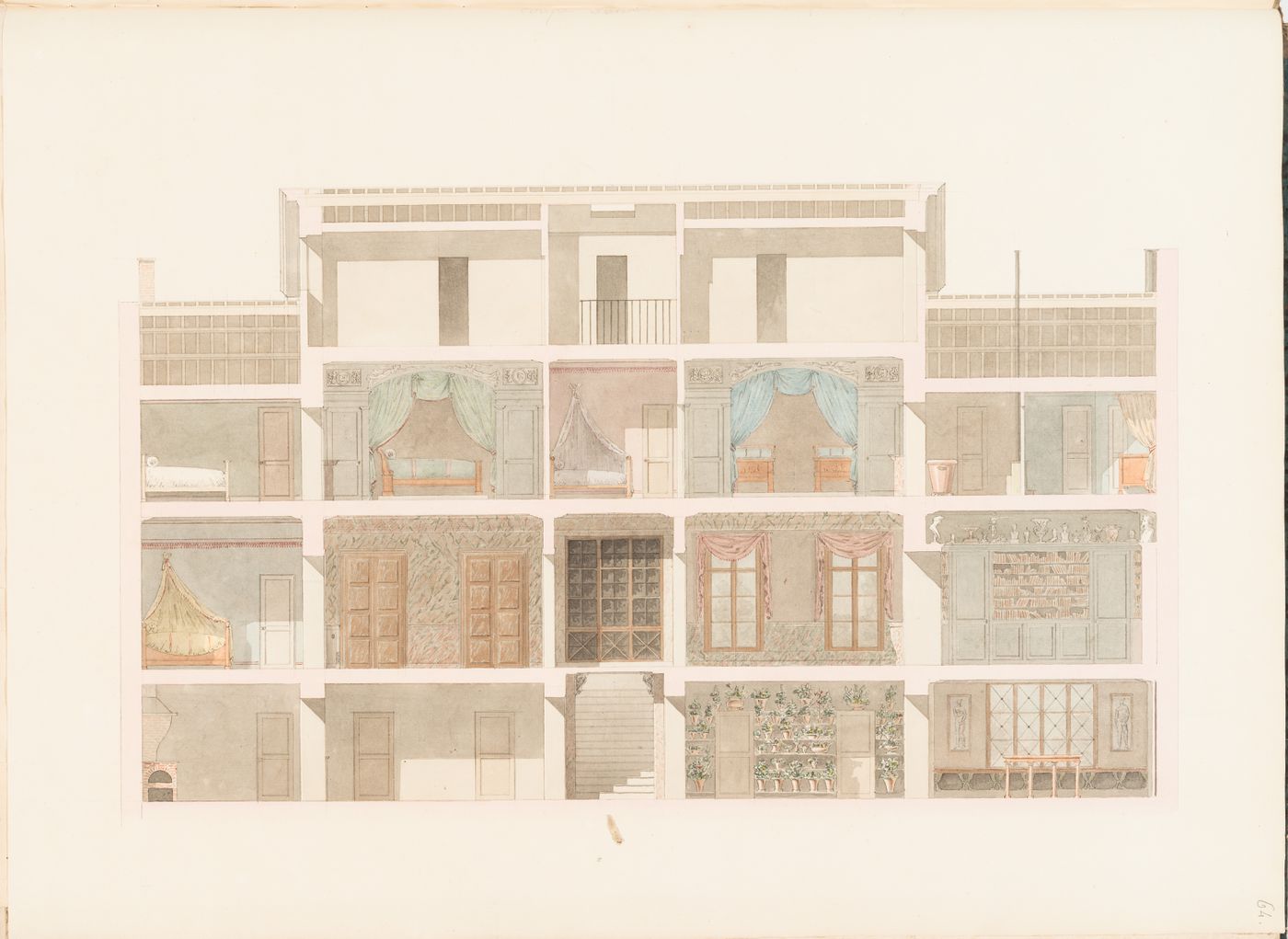 Rohault de Fleury House, 12-14 rue d'Aguesseau, Paris: Longitudinal section showing the interior decoration and furniture