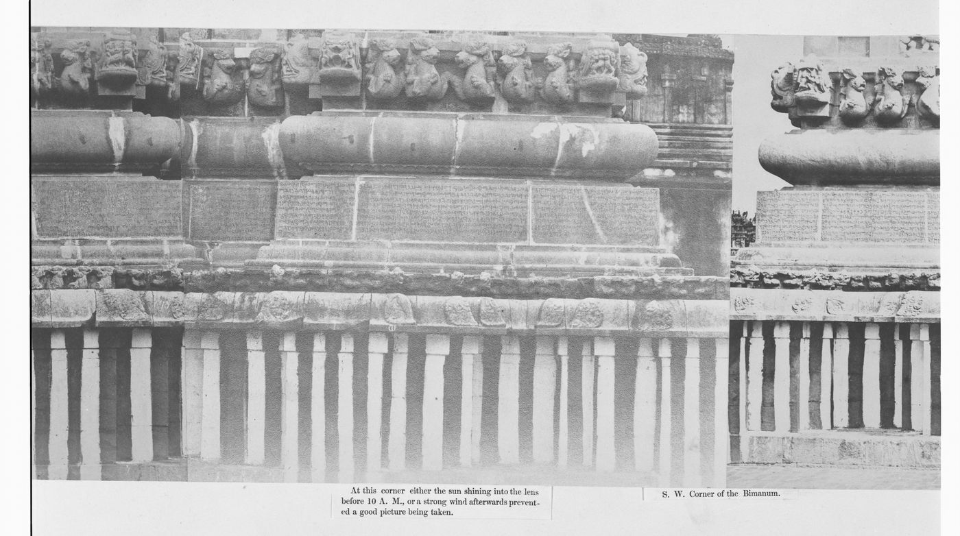 Partial view of the inscription panel at the base of the bimanum [sanctuary], Pirakatisvarar Tirukkoyil (also known as the Brihadisvara or Rajarajesvara Temple), Tanjore (now Thanjuvar), India