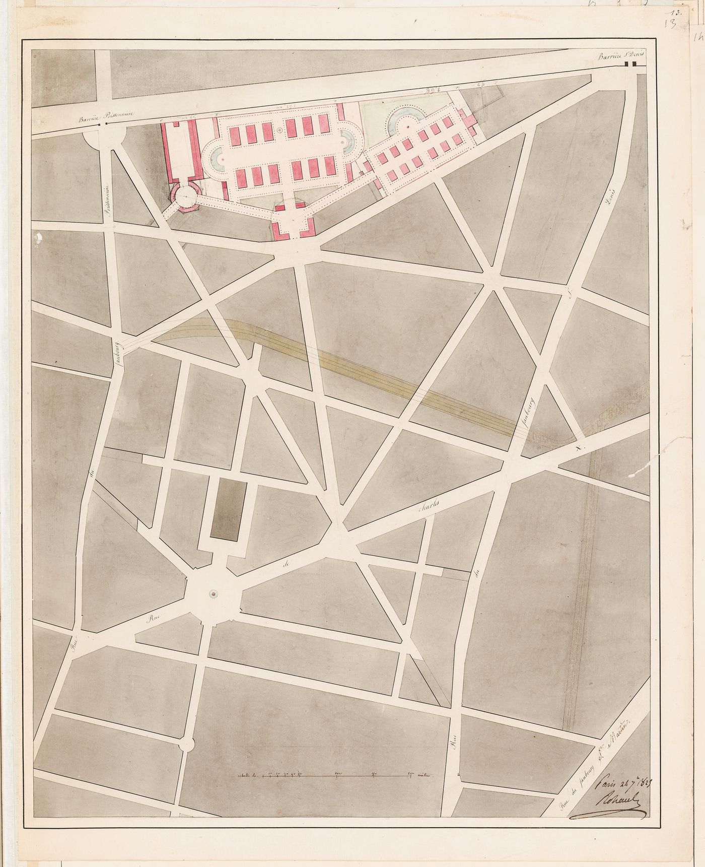 Project for a horse auction house and infirmary, Clos St. Charles, nouveau quartier Poissonnière: Site plan