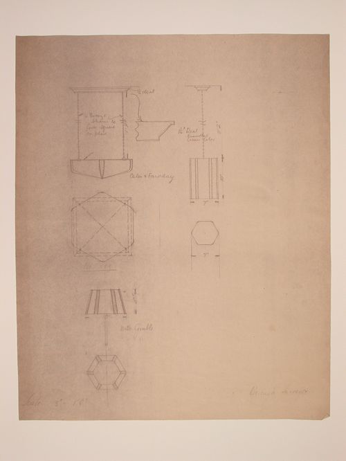 Elevations, plans and a section for three lamps, probably for Electric House, Battersea Borough