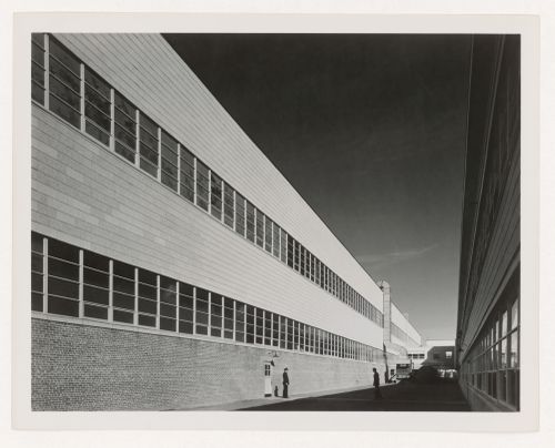 View of the lateral façades of the Assembly Building on the left [?] and the Administration Building on the right [?], Consolidated Aircraft Corporation Assembly Plant, New Orleans, Louisiana