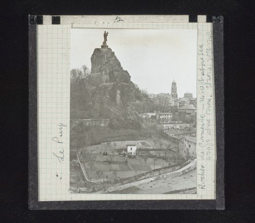 View of Rocher de Corneille, statue and surrounding town, Le Puy, Haute-Loire, France