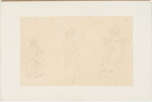 Two drawings of classical female statues seated on thrones, and one winged figure, possibly a Nike or messenger