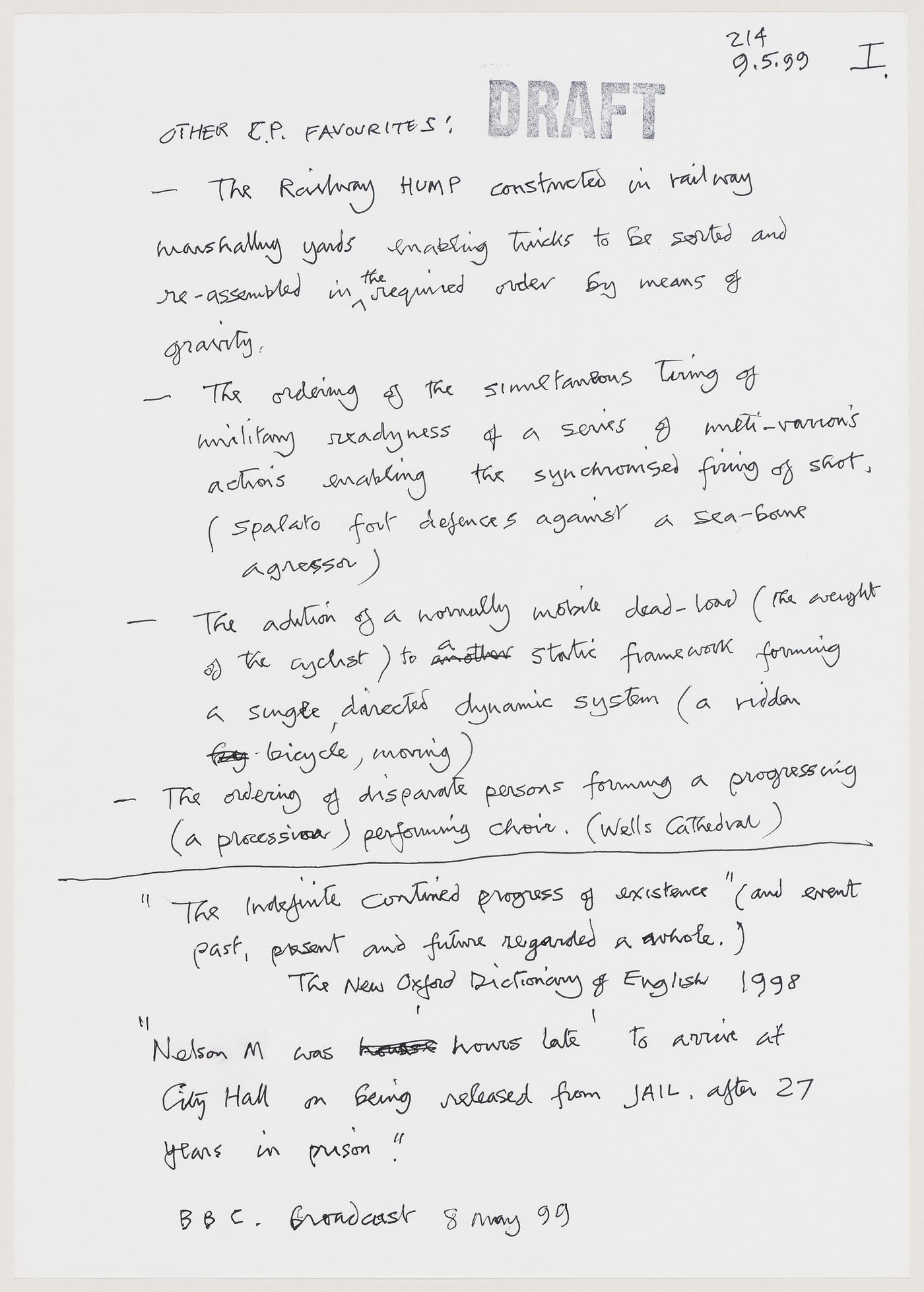 Draft text related to the curatorial statement for the exhibition "Cedric Price: Mean Time" at the Canadian Centre for Architecture (document from Mean project records)