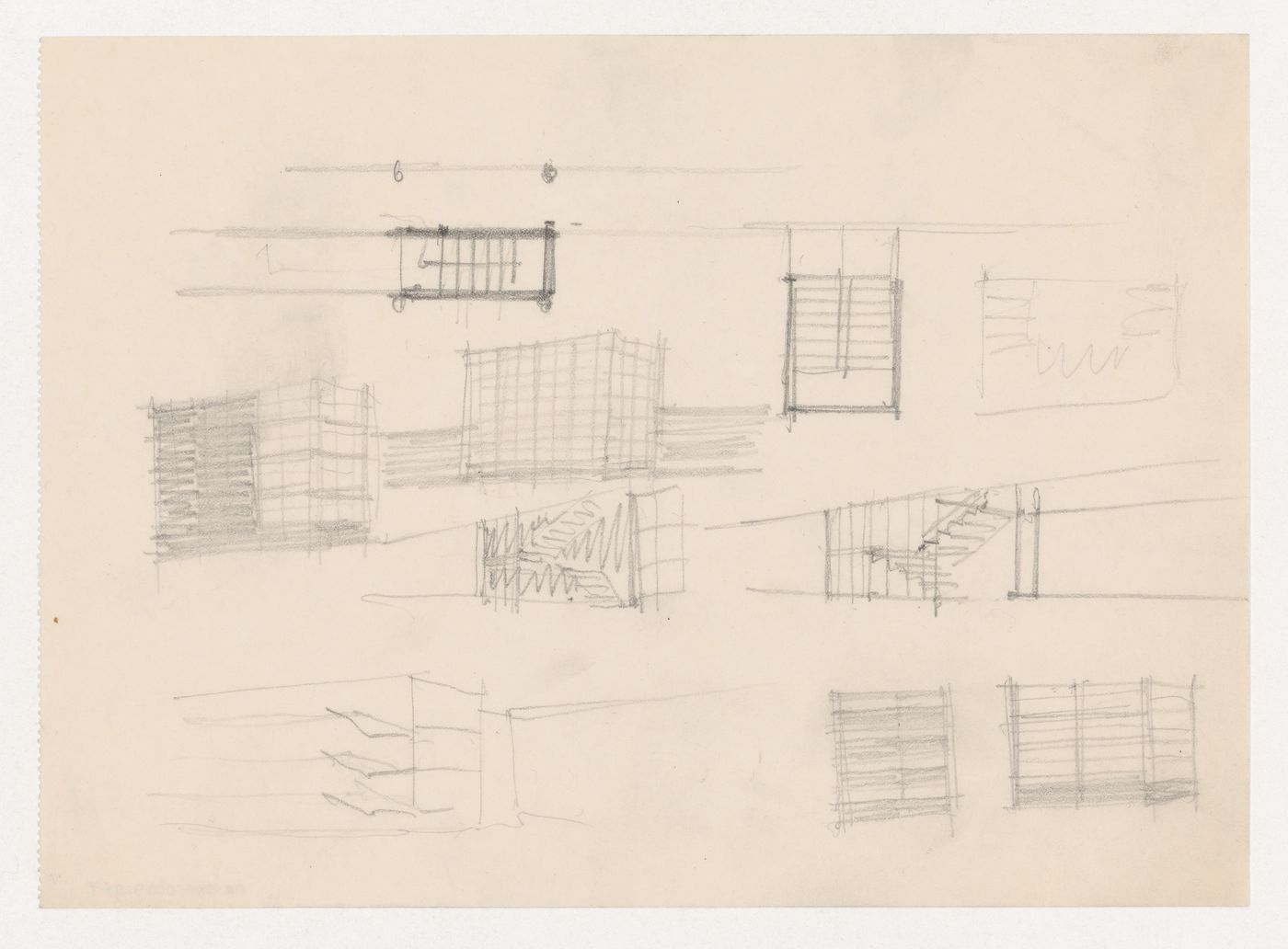 Sketch plans, perspective sketches and sketch elevation for stairwells for Illinois Institute of Technology
