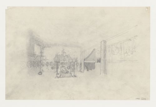 Interior sketch perspective for the Chapel of the Holy Cross showing a mural and a service underway, Woodland Crematorium, Woodland Cemetery, Stockholm, Sweden