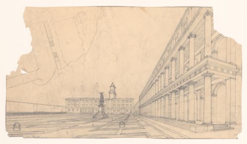 Sketch Perspective for the 1918-1925 design for Gustav Adolfs torg [square] looking west and a sketch site plan of the Christina Church, Göteborg, Sweden